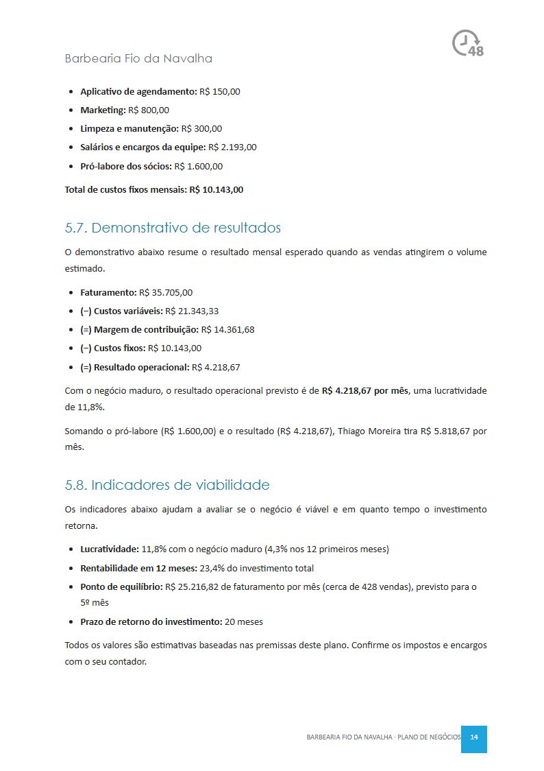Demonstrativo de resultados e indicadores de viabilidade, do plano de exemplo Barbearia