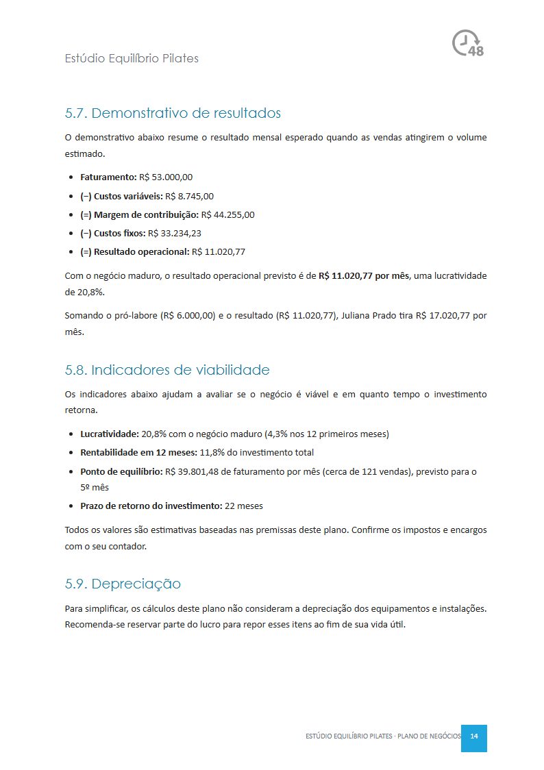 Demonstrativo de resultados e indicadores de viabilidade, do plano de exemplo Estúdio de Pilates