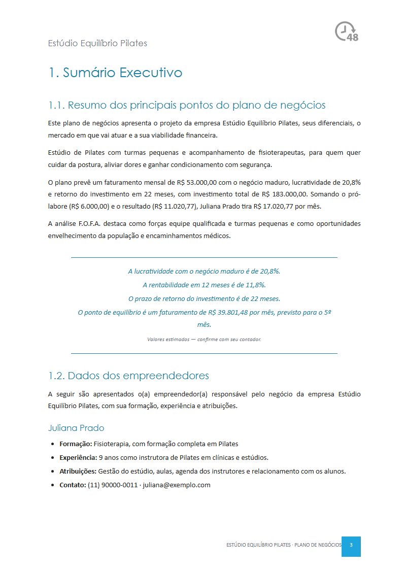 Página do Sumário Executivo do plano de exemplo Estúdio de Pilates.