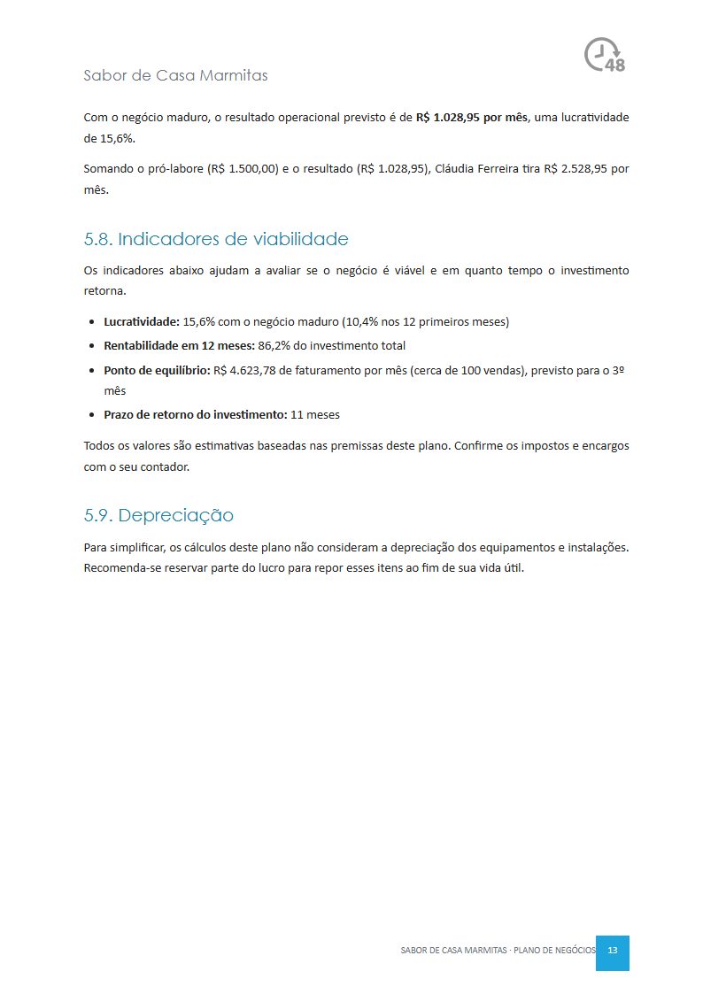 Demonstrativo de resultados e indicadores de viabilidade, do plano de exemplo Marmitas e Bolos Caseiros