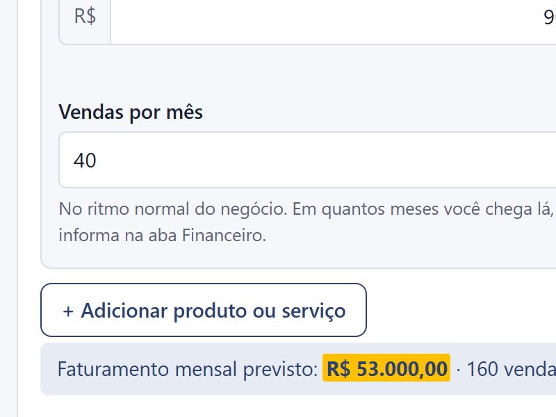 Fim da lista de produtos no planner: preço e vendas por mês do último produto e a linha Faturamento mensal previsto, R$ 53.000,00, grifada.